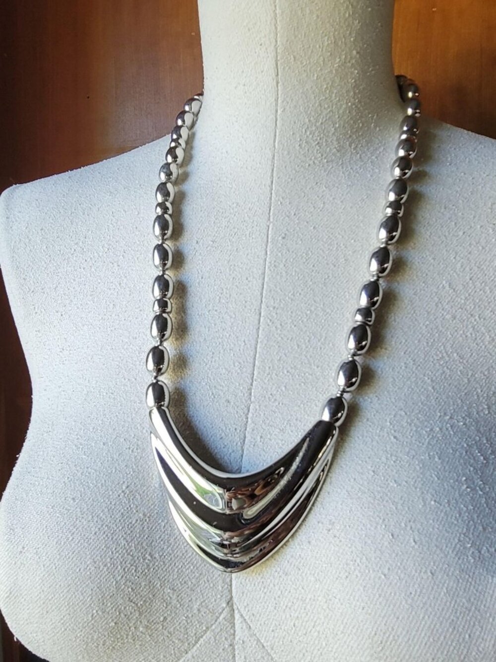 Vintage Signed Napier Silver Tone Beaded Chevon Bib Necklace 1980s Modernist